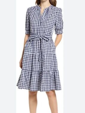 Draper James Gingham Tie-Waist Midi Dress in Navy & White, Size Small